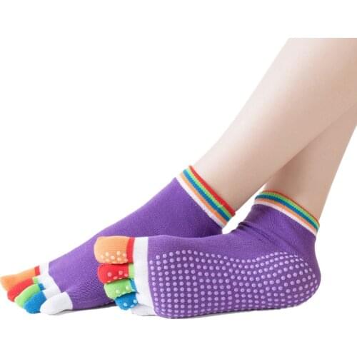 Women Sports Colorful Yoga Socks Fitness and Pilates Cotton Socks Rainbow Workout Anti Slip Toe Socks Breathable