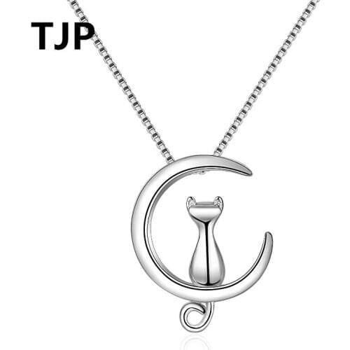 Lovely Cat Moon Pendants Necklace Women Lady Choker Accessory Popular Silver Plated Box Chain Necklace Jewelry Dropshipping