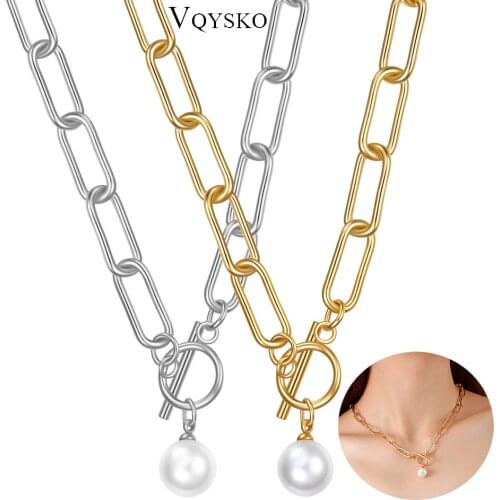 Bohemian Women Thick Chain Geometric OT Buckle Necklace With Pearl Pendant Necklaces 2021 New Stainless Steel Fashion Jewelry