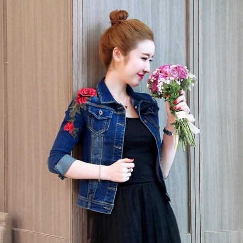 New Spring Autumn Women Jeans Coat Short Style Casual Turn-Down Collar Slim Embroidery Floral Cowboy For Females Denim Outerwear
