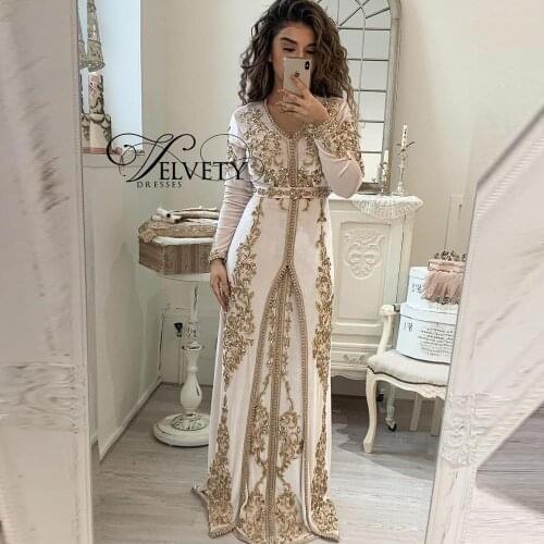 Moroccan Kaftan Muslim Evening Dress Mermaid Velour Gold Lace Islamic Dubai Kaftan Saudi Arabic Evening Gown Prom