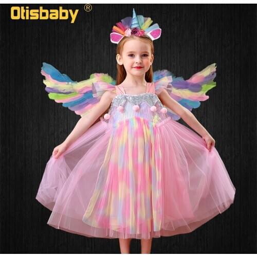 Summer Toddler Girl Unicorn Dress Christmas Birthday Rainbow Dress Girls Colorful Angel Feather Wings Princess Girl Clothing