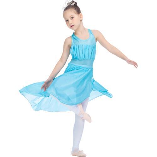 Light River Blue Girls Dress Halter Leotard with Mesh Overlay Skirt Kids Performance Modern Costume