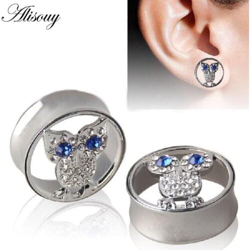 Alisouy 1 Pair Stainless Steel Hollow Crystal Owl Ear Expander Flesh Tunnels Body Piercing Jewelry Gauges 10-25mm Ear Plugs Ear