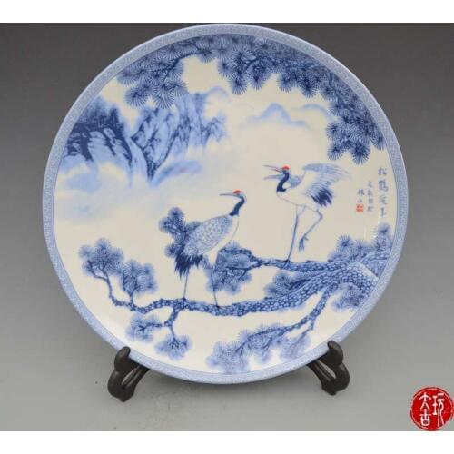 Rare old Chinese porcelain plate,white and blue,crane, Decoration /Collection/ crafts,Free shipping