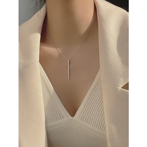 925 Silver Jewelry with New Rhinestone Straight Rod Pendant Clavicle Chain Simple Personality Necklace for Women Party Gifts