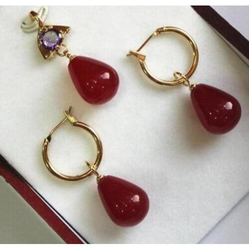 Noblest 12*16mm Red Ruby jade Dangle Earrings Pendant Necklace set18K gold plated watch wholesale Quartz stone