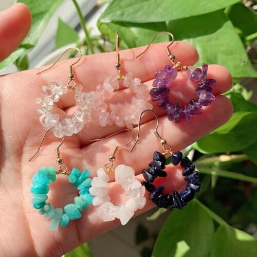Reiki Natural Crystal Earring Chips Gravel Beads Flower Circle Stone Tassel Dangle Real Amethysts Amazonite Pink Quartz Earring