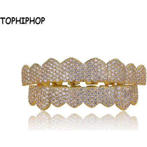 TOPHIPHOP custom Fit Gold Silver Color Hip Hop Teeth Grillz Micro Pave Zircon Top & Bottom Teeth Grills Set