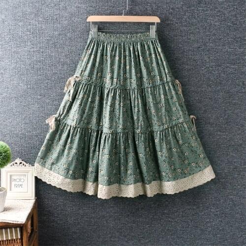 Japan Style Mori Girl Floral Print Cotton linen Skirt Loose High Waist A-line Skirt Women