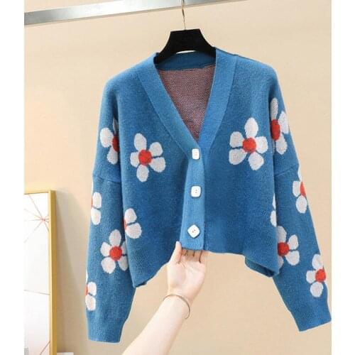 Large size XXL Preppy Style Flower Knit Cardigans Sweater Women V Neck Loose elegaht Thicked Pull Femme Print Short Casual Coat