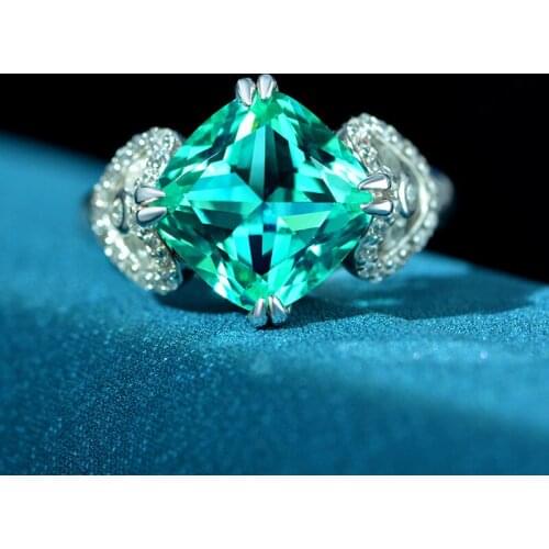 Luxury 100% 925 Sterling Silver Ring 10x10mm Green Tourmaline Created High Carbon Diamond Cocktail Rings for Women Fine Jewelry