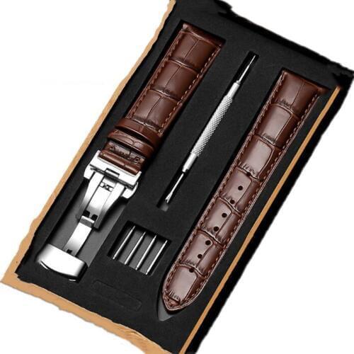 12mm-24mm Leather Watch Band Double Press Butterfly Buckle Leather Watch Strap Bracelet with Install Tool in Wooden Box