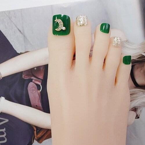 24 PCS Square Fake Toenails with Moon Decor Adhesive/Wearable Nails Extension for Toe Nail Artist Green & Slivery SANA88