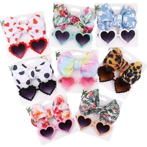 8sets Leopard/Dot/Flower/Heart Print Headband Elastic Nylon Hair Band Heart Sunglasses Mental Eyeglasses Baby Boy Girls Headwear