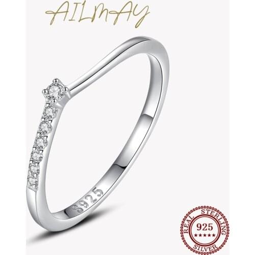 Ailmay Fashion 925 Sterling Silver Simple Romantic Clear Zircon Stackable Rings Fine Female Anniversary Engagement Jewelry