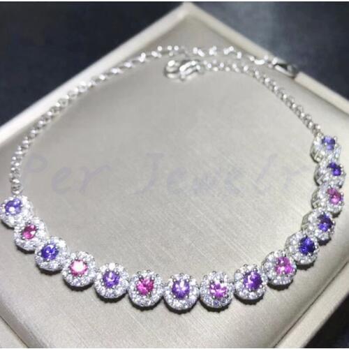 Sapphire chain bracelet Free shipping Natural real sapphire Free shipping 925 sterling silver 0.15ct*15pcs gemstone #SB18101604