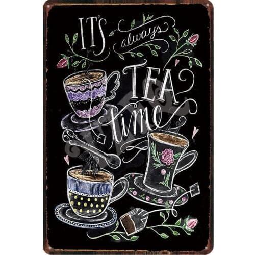 Tea Time Plaques Metal Vintage Food Tin Signs Shabby Chic Wall Cafe Kitchen Restaurant Retro Home Craft Decor DU-2124