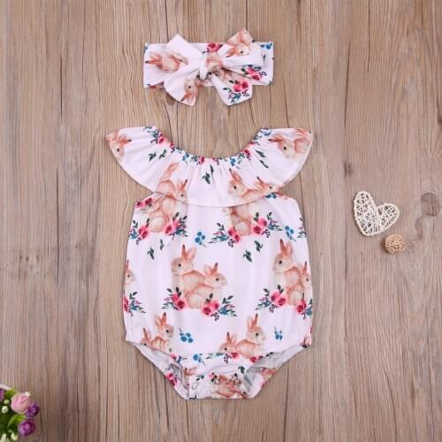 Baby Girls Infants Easter Rabbit Printing Ruffle Collar Bodysuit Bowknot Headband Two Piece Set