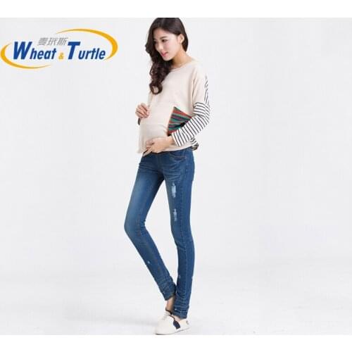 Maternity Holes Skinny Jeans Good Quality Cotton Distressed Blue Slim Pencil Jeans for Pregnant Women Pregnancy Clothes Jeans