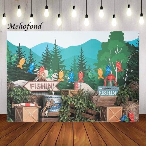 Mehofon Gone Fishing Photography Background Forest Green Plants Boy Kid Birthday Party Cake Smash Portrait Backdrop Photo Studio