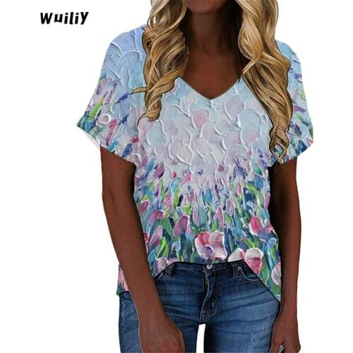 Flower T-Shirt For Women Flowers Graphic T Shirt Floral 3D Print Cotton V-neck Shirt Art Abstract Tops Girls Harajuku Tees
