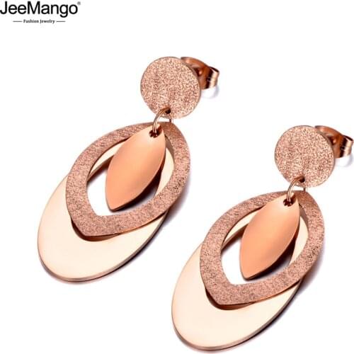 JeeMango Neo-Gothic Titanium Stainless Steel Geometric Oval Earrings Jewelry Fashion Frosted Earrings For Women Girls JE20024
