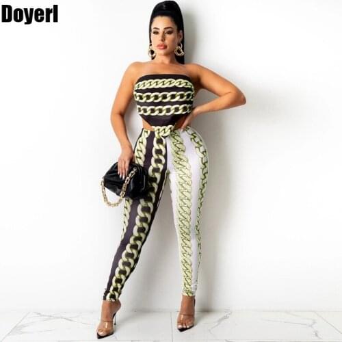Chain Print Sexy Two Piece Outfits for Women Summer Clubwear Matching Sets Backless Crop Top Pencil Pants Set Festival Clothing