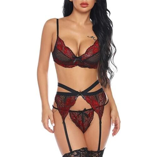 3 Pcs Women Underwear Lingerie Sets Lace Lingerie Bra+garter+g-string Set Babydoll Sexy Underwear Women Sets Lingerie Feminina
