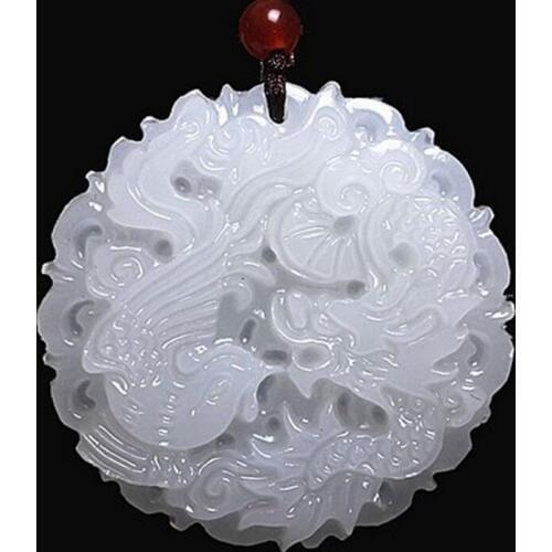 Beautiful Genuine Handmade Natural White Jadee Carved Dragon Phoenix Pendant + Necklace Fashion Carving Pendants Jewelry