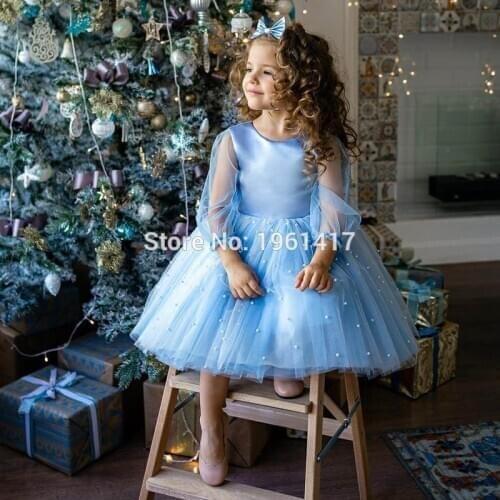Sky Blue Lace Ball Gown Flower Girl Dresses For Weddings Pearls Baby Girls Birthday Party Dress AG0179