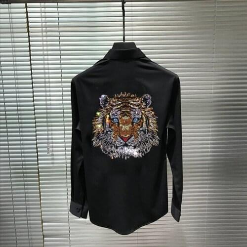 Exaggerated Korean Style Mens Shirt Slim Tiger Head Hot Diamond Shiny Personality Casual Bottoming Long Sleeves