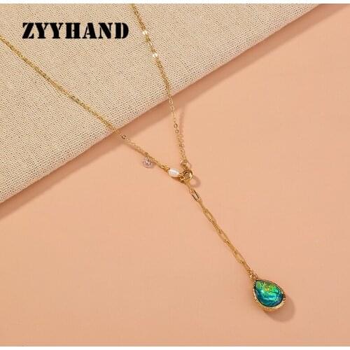 Natural Fresh Pearl Glass Girl Necklace Women Golden Color Water Drop Shape Cross Chain Retractable Romantic Lady Jewelry