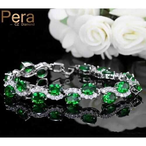 Pera New Arrival CZ Jewelry Green Cubic Zirconia S Shape Fashion White Gold Color Tennis Bracelet Bangle for Women Party B108