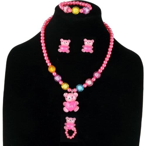 QIBEI Fashion Resin Girls Bear Necklace Bracelet Finger Ring Set Kids Jewelry Set Children Accessories Handmade