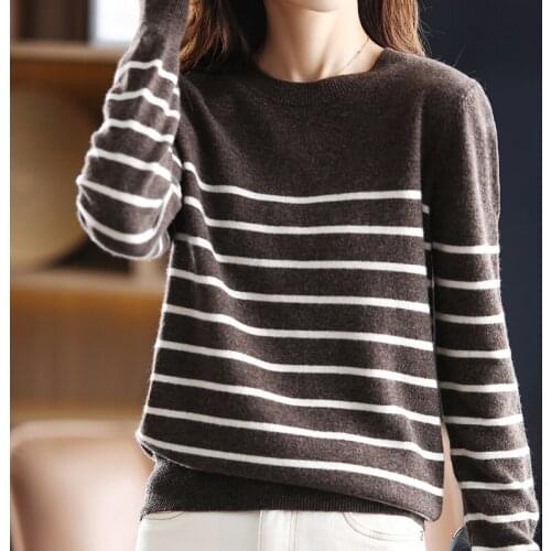 New Cashmere Sweater Women 100%Merino Wool Ladies sweater long sleeve pullover fashion striped loose knit bottoming shirt Female