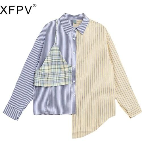 XFPV Woman Shirt Striped Patchwork Asymmetric Long Sleeve Lapel Collar Design Casual Style 2021 Autumn Korean Fashion SM718