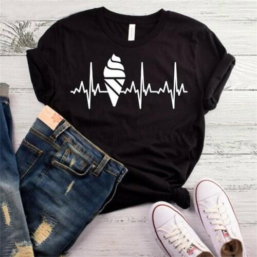Women T Shirt Ice Cream Heartbeat Print Tshirt Women Short Sleeve O Neck T-shirt Ladies Causal Tee Shirt TX5576