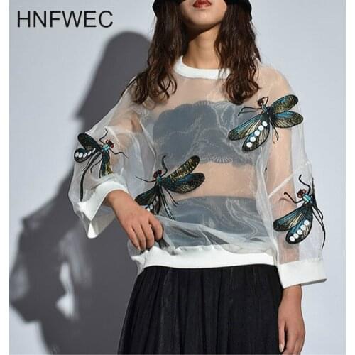 New 2018 Europe Summer Fashion Women Animal Embroidery Mesh Patchwork T-shirts Female Full Sleeve O-neck Tees Q327