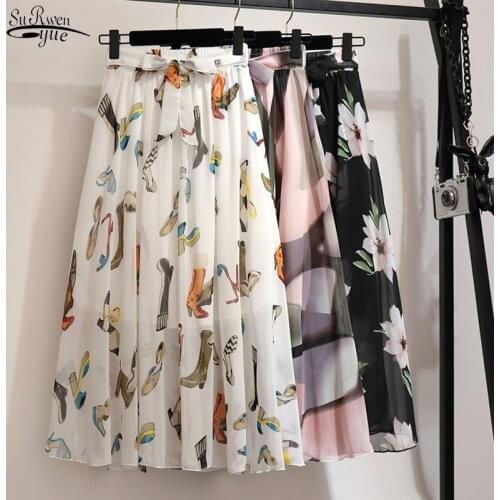 2021 Long Skirt Women Chiffon Maxi Skirt Elastic High Waist Print Summer Autumn Korean White Black 8 Colors Ladies Skirts 9830