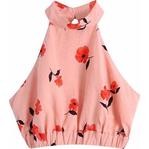 Women Elegant Sleeveless Za Flower Print Short Tops Chic Lady Fashion Backless Elastic Waist Vest Girls Summer Tank Tops