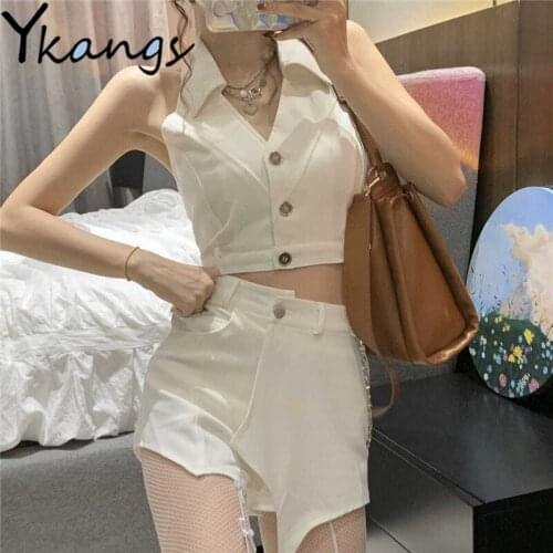 Turn-down Collar Crop Tops for Women Sexy Y2K Tee Streetwear Vests 2021 2 Piece Sets Harajuku High Waist Suspender Skirt Sets