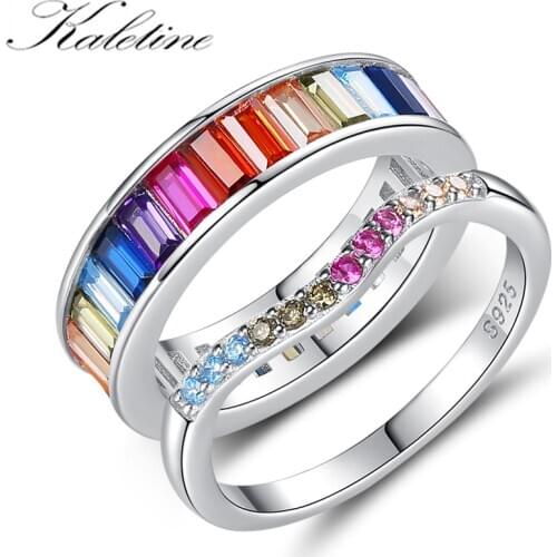 KALETINE 100% 925 Sterling Silver Colorful Rainbow Water Droplet Clear CZ Finger Rings for Women Wedding Engagement Jewelry Gift