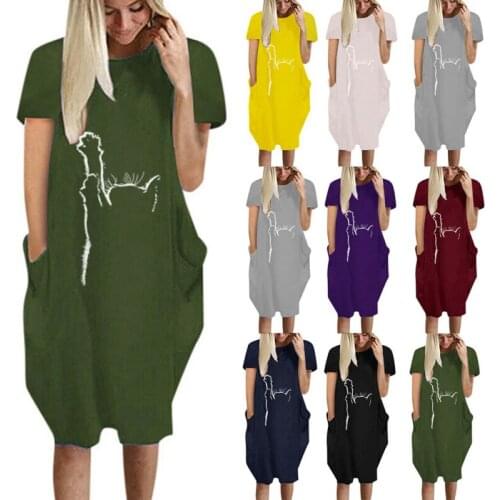Women Cat Print Look Thin Baggy Short Sleeve T-Shirt Pockets Dress Tunic Dress