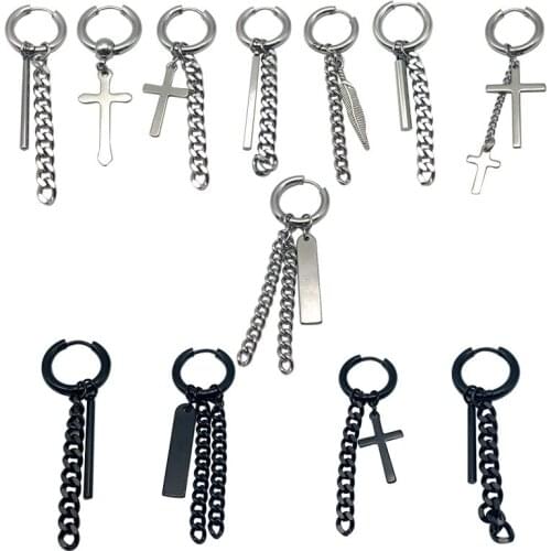 2pcs Stainless steel Cross Leaf Tassel Stud Earrings for Women men Fashion Earring Trendy Simple Style Clip Korean Earrings