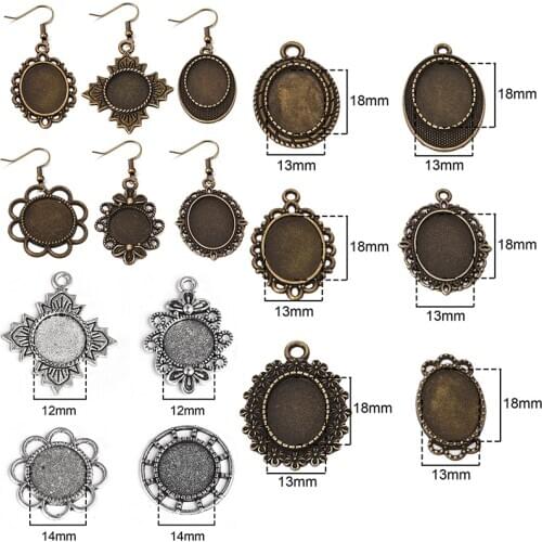 20pcs Mix Antique Bronze Pendant Oval Round Cabochon Base Setting Bezel Tray for Earring Necklace DIY Jewelry Kit