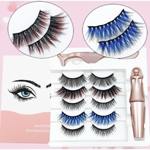 4/5 Pairs Mixed Colored Magnetic False Eyelashes Magnetic Liquid Eyeliner Tweezer Set Thick Colorful 3D Fake Eyelashes Wholesale