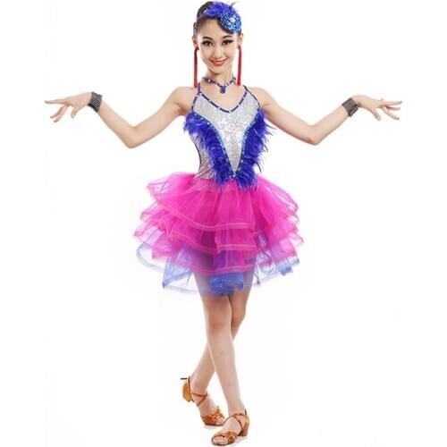 Children Modern Dance Dress Paillette Kid Latin Dance Dress Sequins Stage Dance Skirt Modern Waltz tango Cha Cha kids Dress