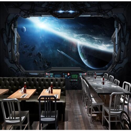 Photo wallpaper 3D Stereo restaurant mural Internet cafes Wallpaper gaming room mural Cosmic Space Cabin Spacecraft moon Mural