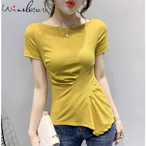 Cotton Tee Shirts Women Casual Tshirt Female Summer Tops Korean Short Sleeve Slim T Shirts with Irregular Hem футболки T04117B